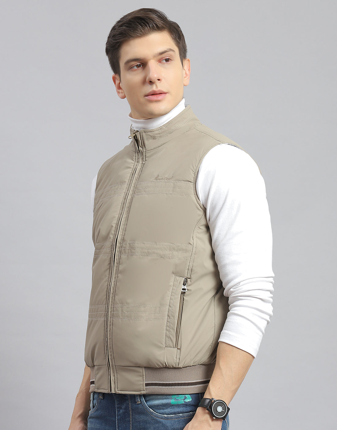 Men Beige Solid Stand Collar Sleeveless Jacket