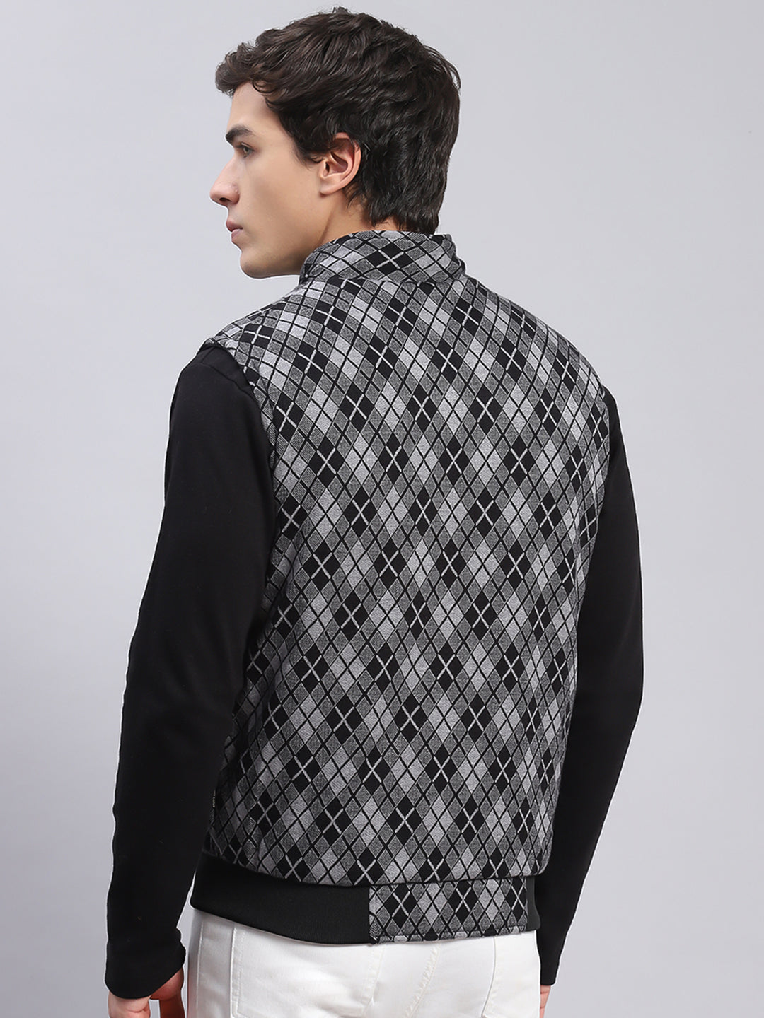 Men Black Check Stand Collar Sleeveless Jackets