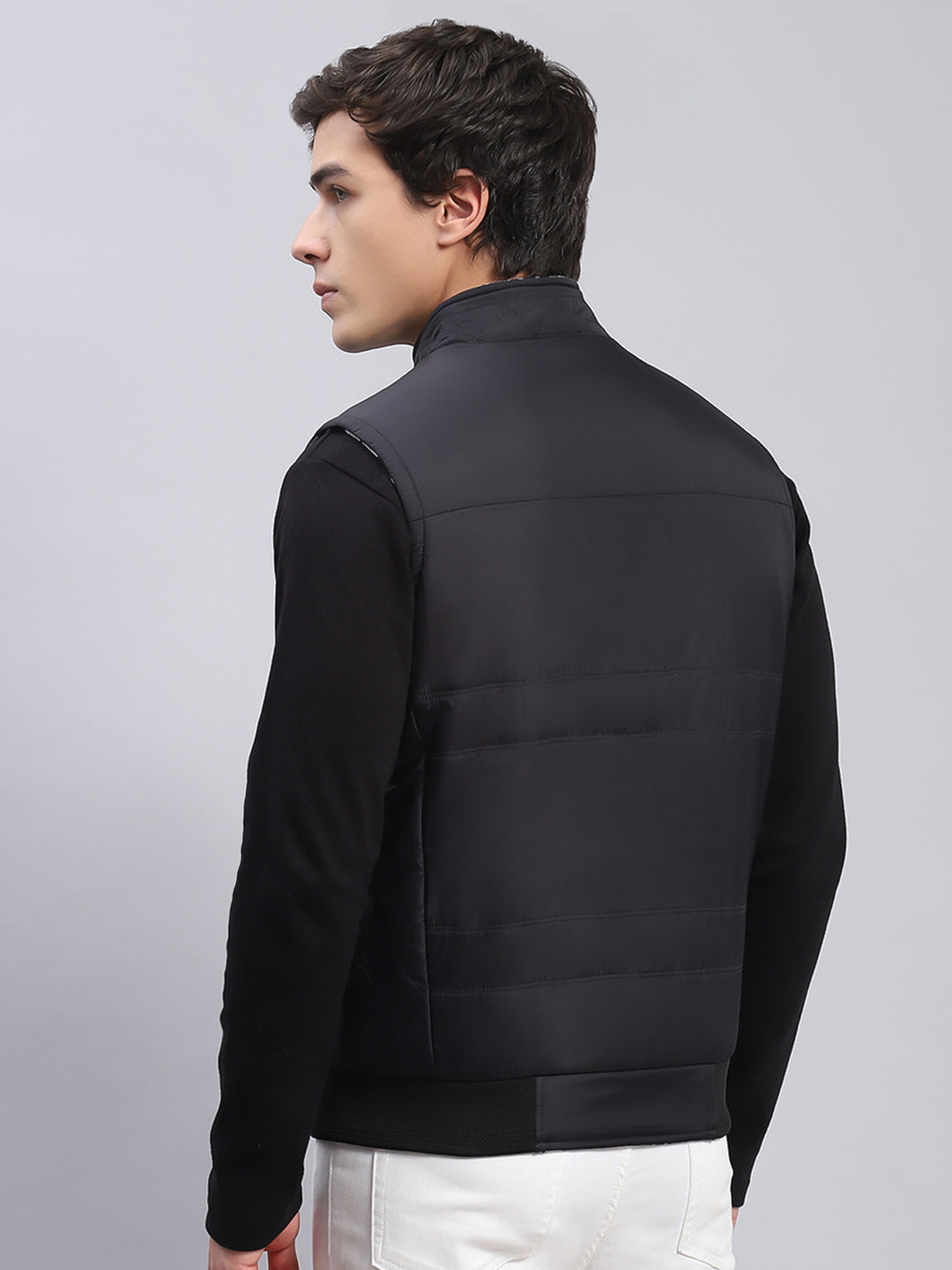 Men Black Check Stand Collar Sleeveless Jackets