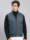 Men Navy Blue Check Stand Collar Sleeveless Jackets