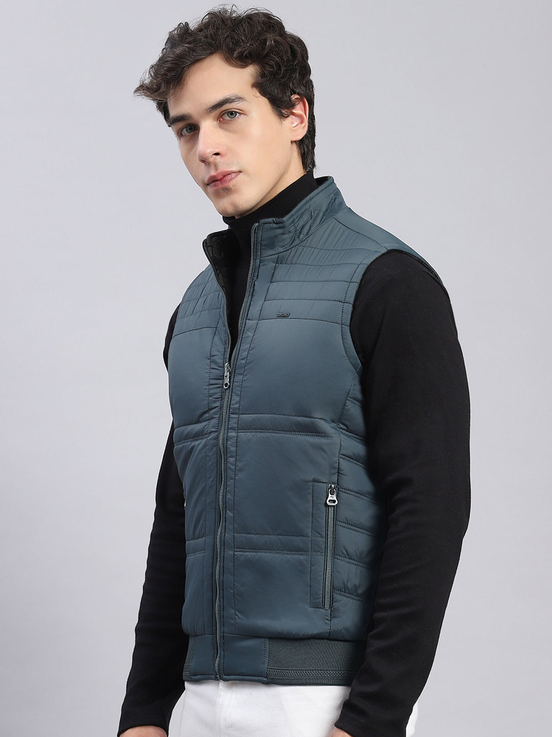Men Navy Blue Check Stand Collar Sleeveless Jackets