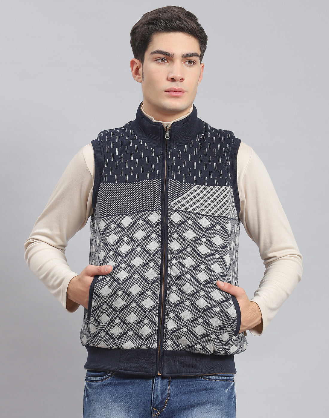 Men Brown Solid Stand Collar Sleeveless Jacket