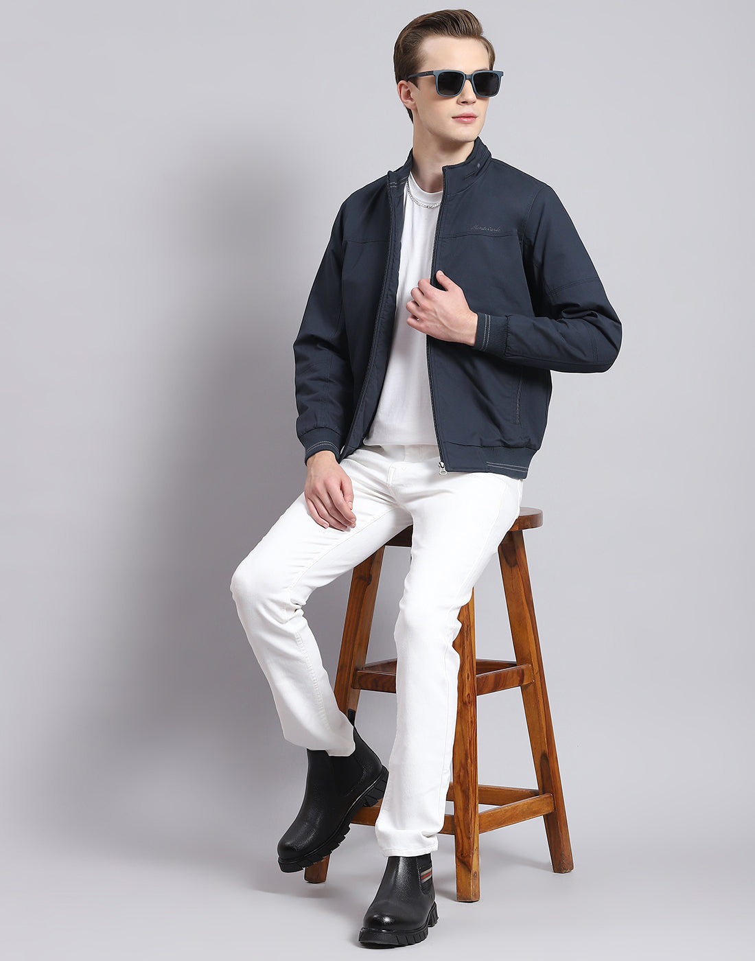 Men Navy Blue Solid Stand Collar Full Sleeve Jacket