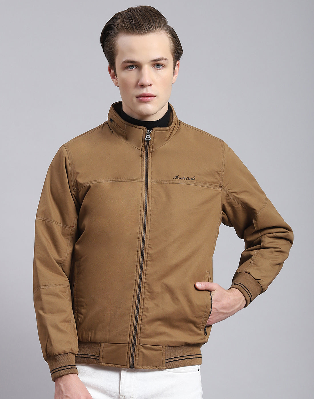 Men Brown Solid Stand Collar Full Sleeve Jacket