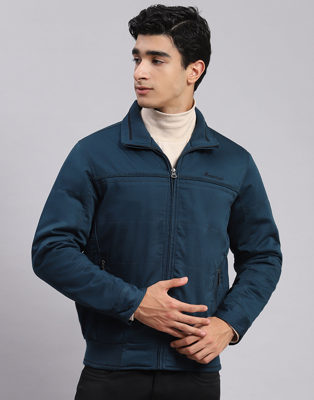 Men Teal Blue Solid Spread Collar Full Sleeve Jackets