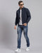 Men Navy Blue Solid Stand Collar Full Sleeve Jacket