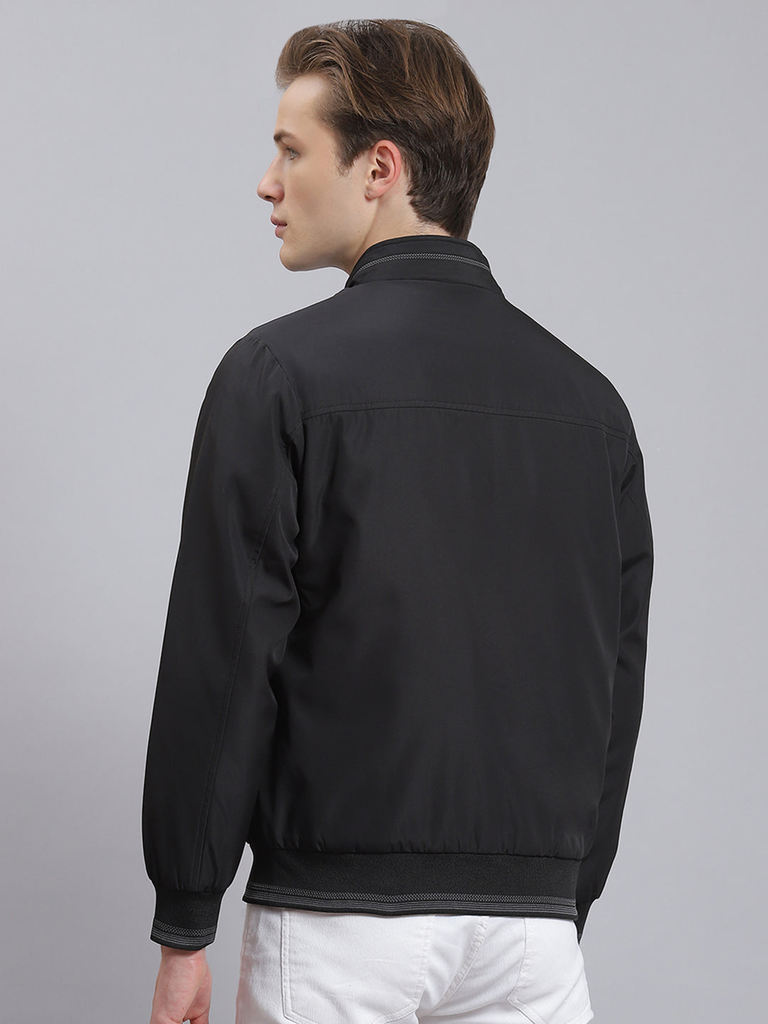 Men Black Solid Stand Collar Full Sleeve Jacket