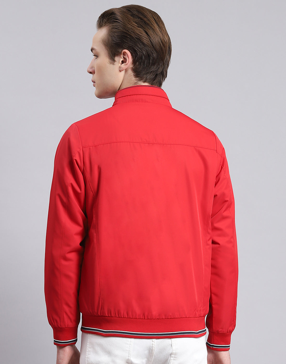 Men Red Solid Stand Collar Full Sleeve Jacket