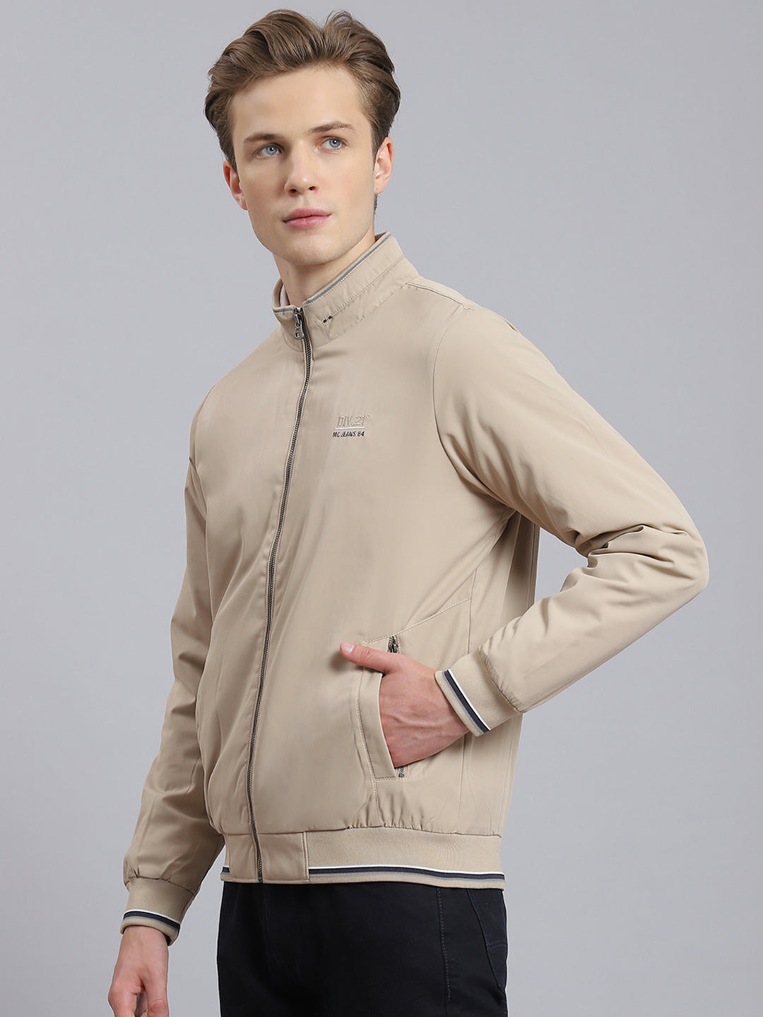 Men Beige Solid Stand Collar Full Sleeve Jacket