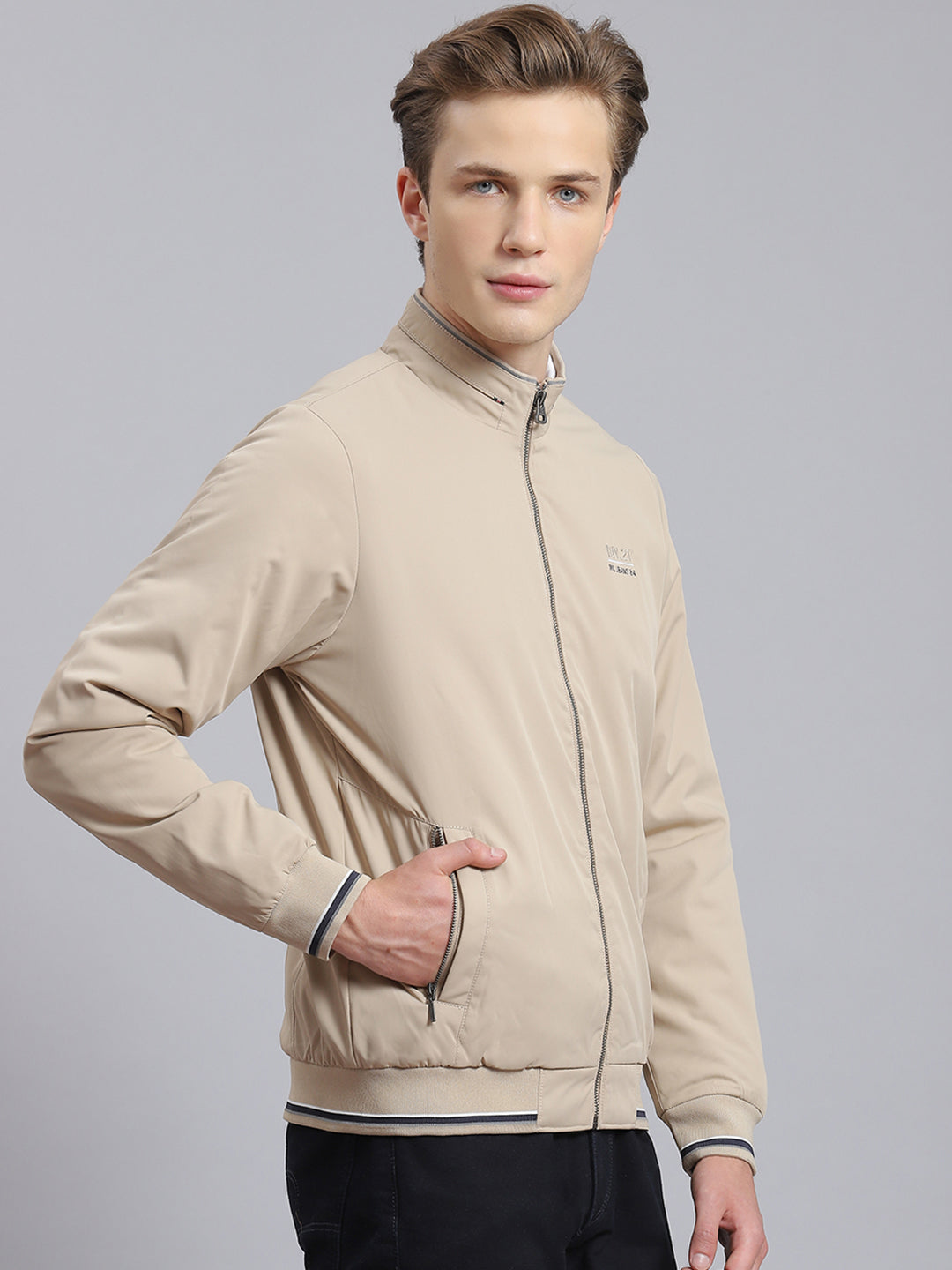 Men Beige Solid Stand Collar Full Sleeve Jacket