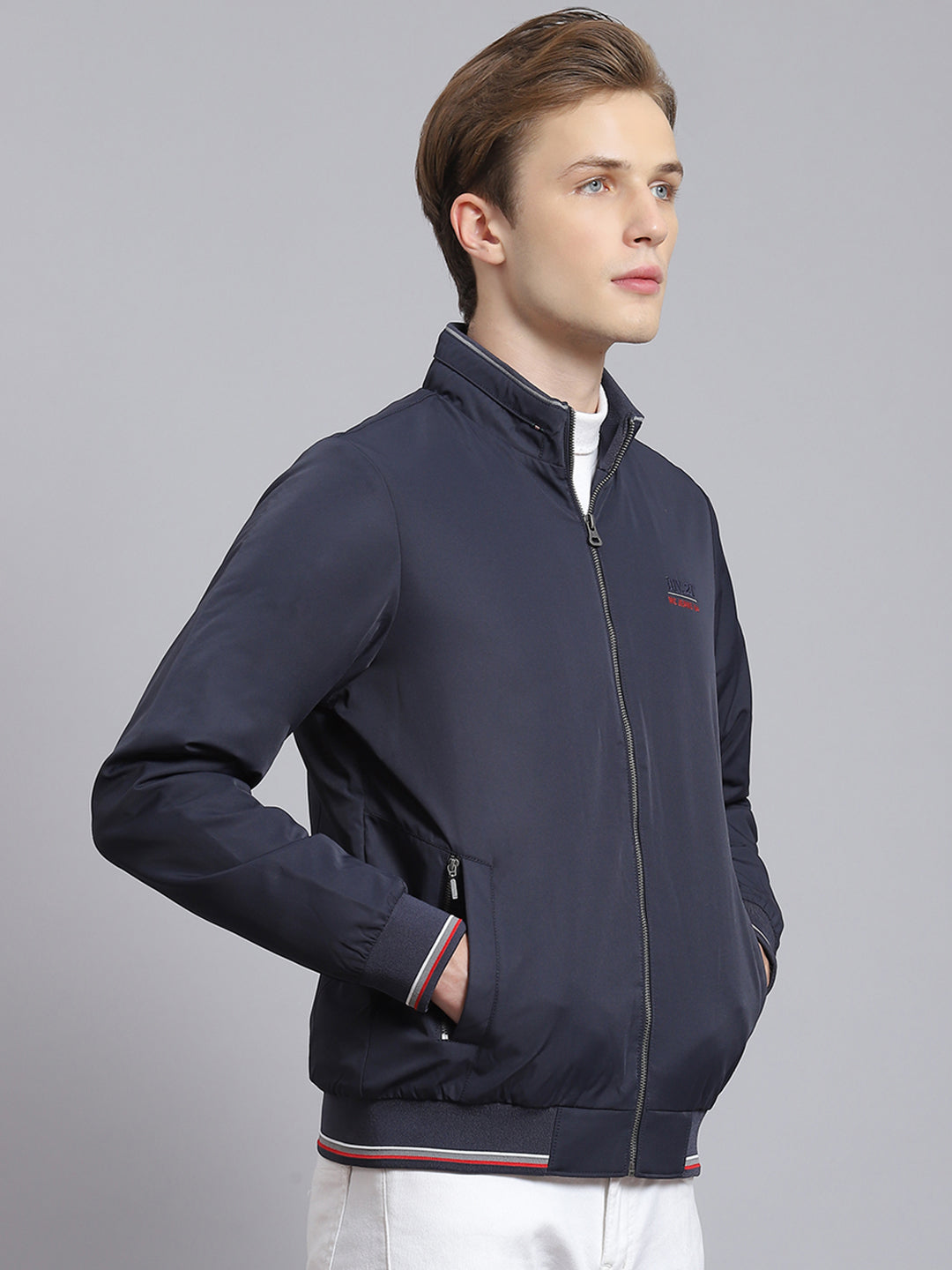 Men Navy Blue Solid Stand Collar Full Sleeve Jacket