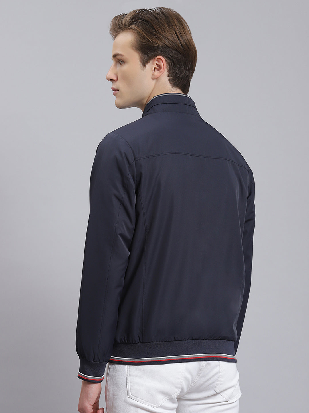 Men Navy Blue Solid Stand Collar Full Sleeve Jacket