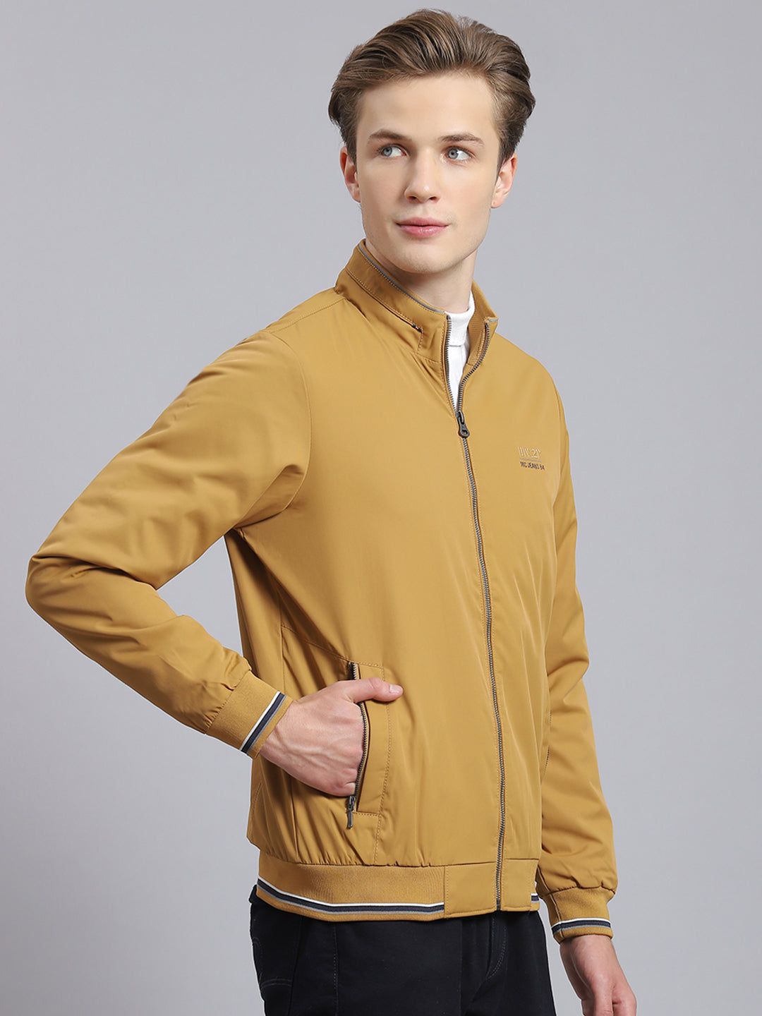 Buy Men Mustard Solid Stand Collar Full Sleeve Jacket Online in