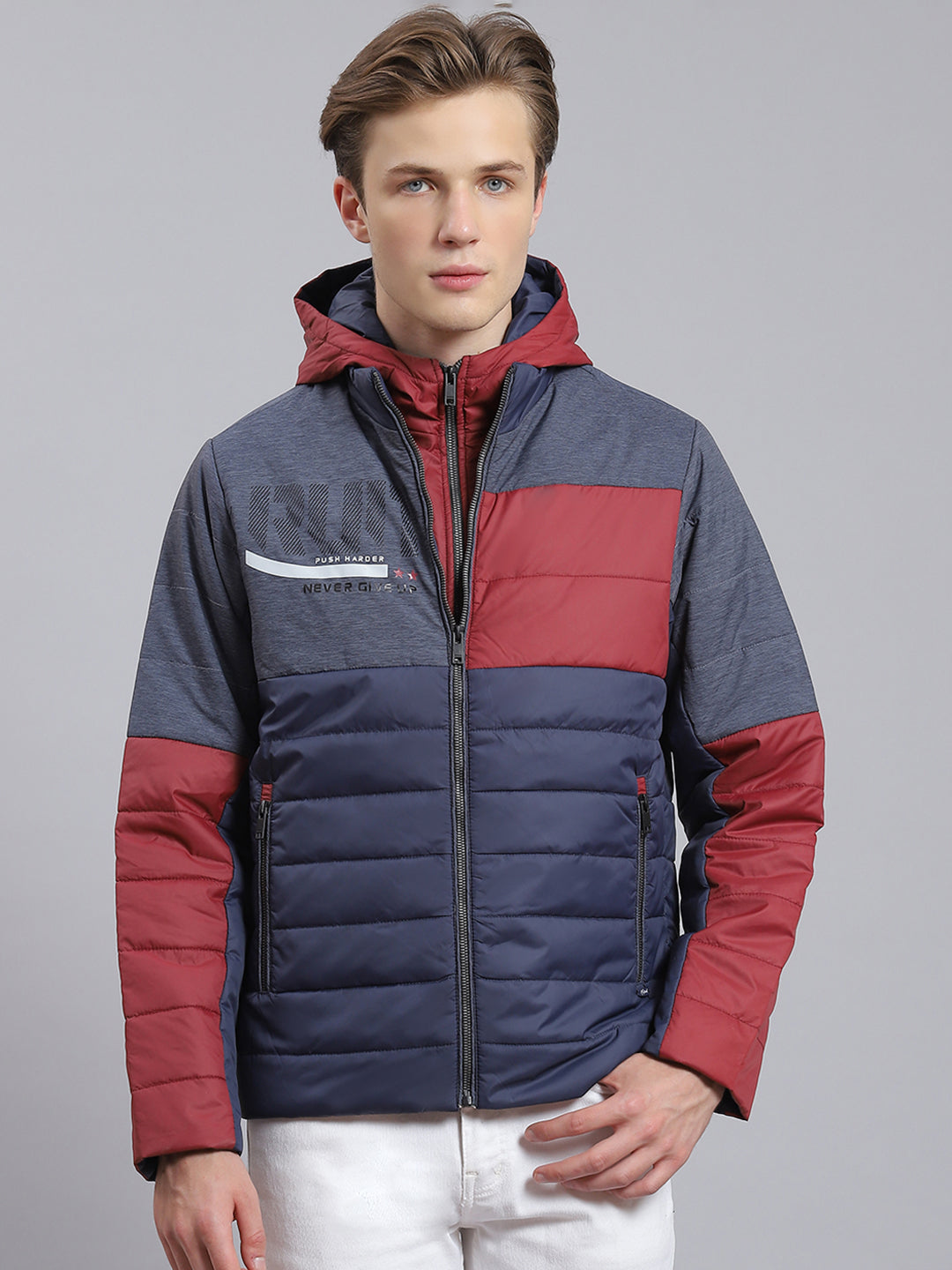 Men Navy Blue Solid Hooded Full Sleeve Jacket