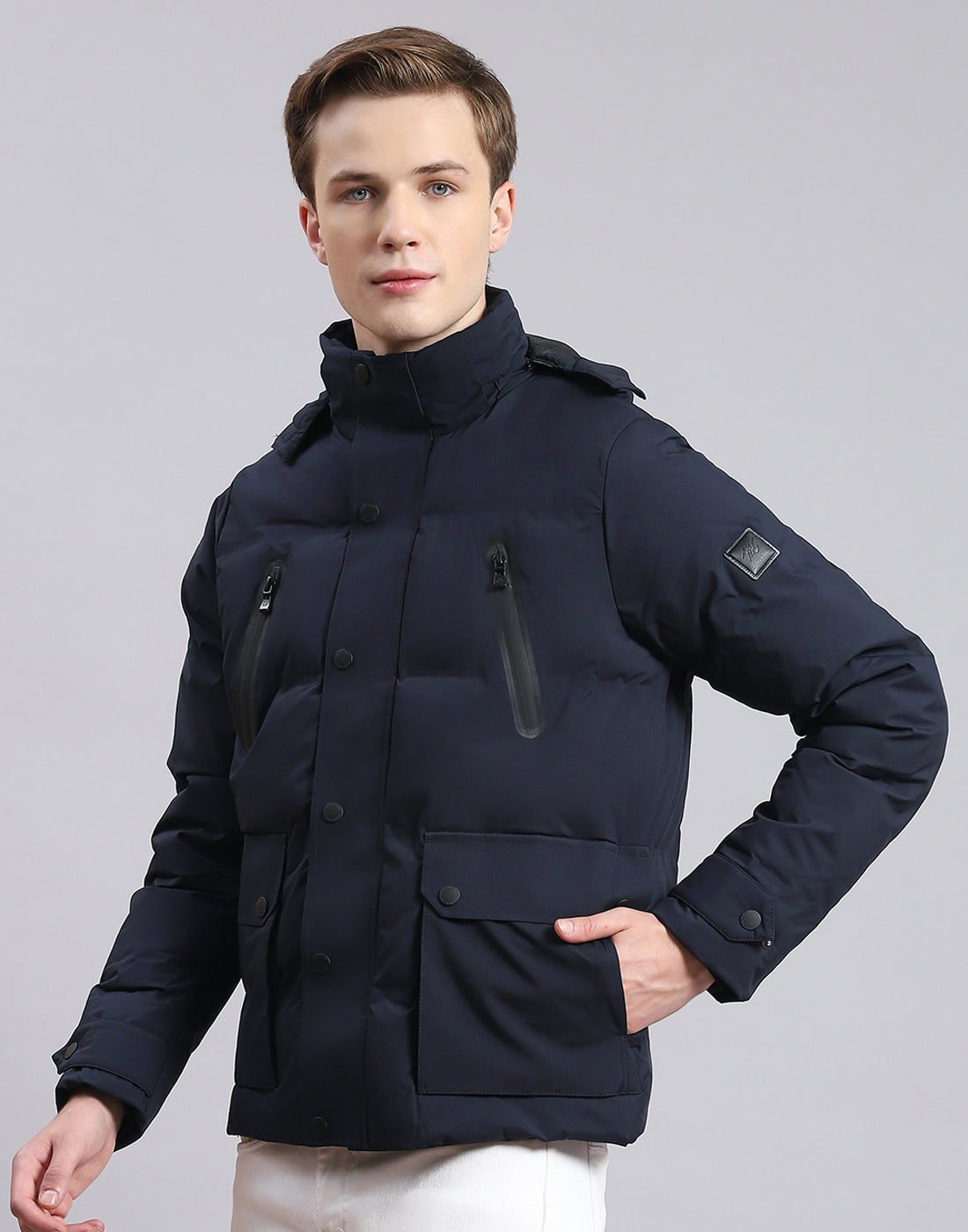 Men Navy Blue Solid Hooded Full Sleeve Jacket