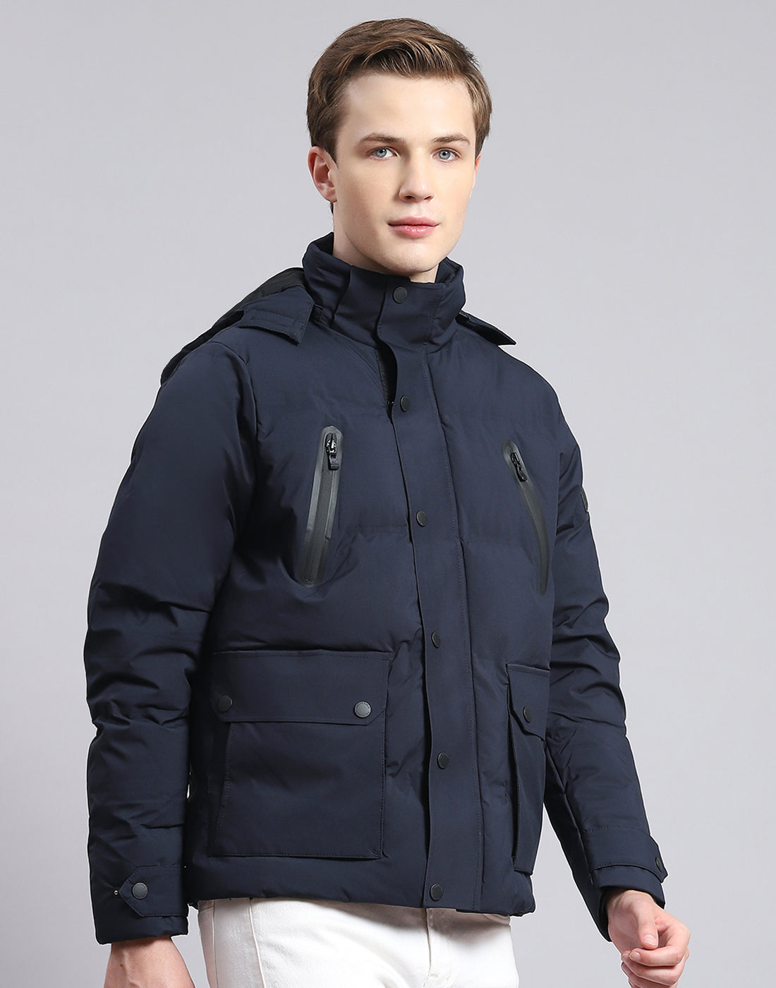 Men Navy Blue Solid Hooded Full Sleeve Jacket
