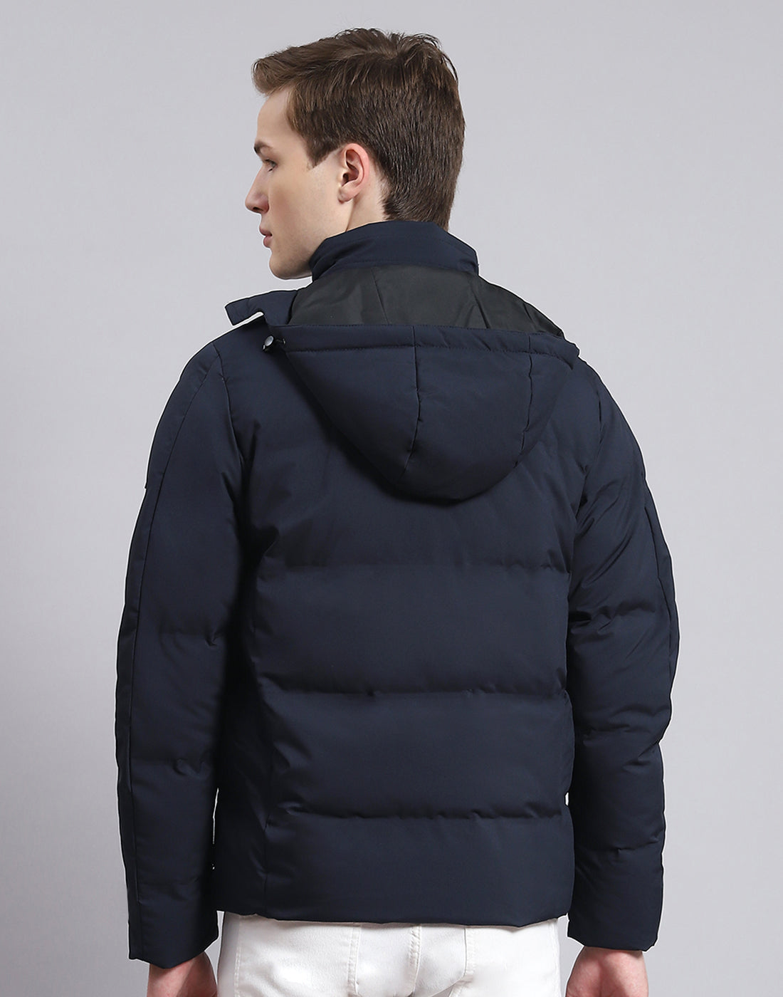 Men Navy Blue Solid Hooded Full Sleeve Jacket