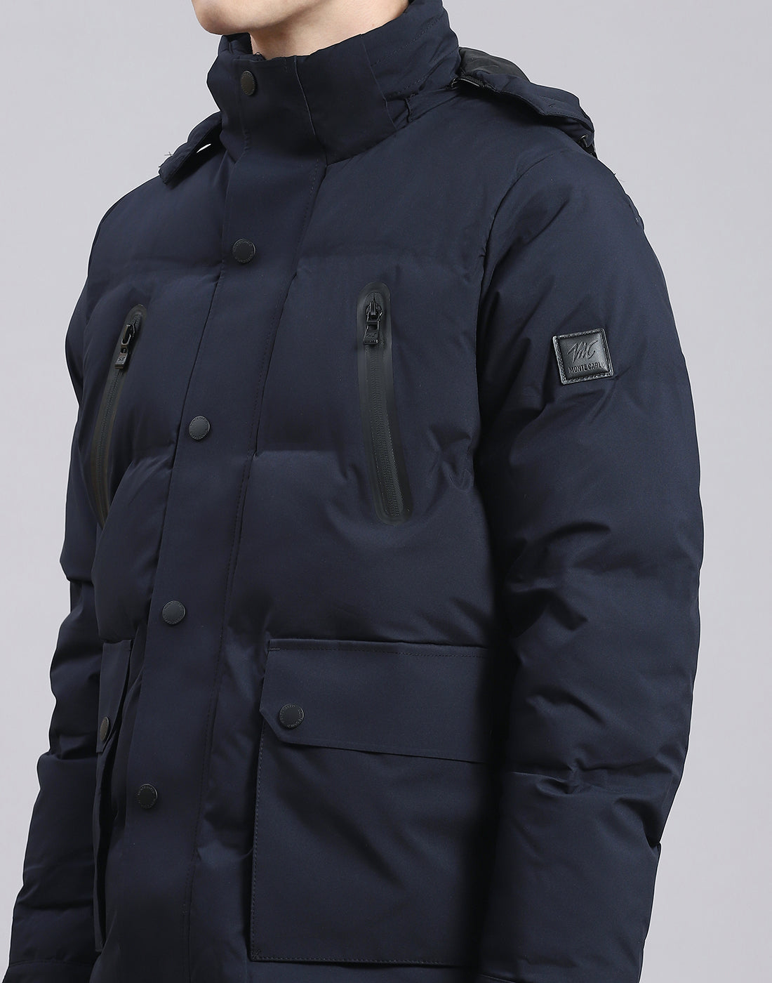 Men Navy Blue Solid Hooded Full Sleeve Jacket