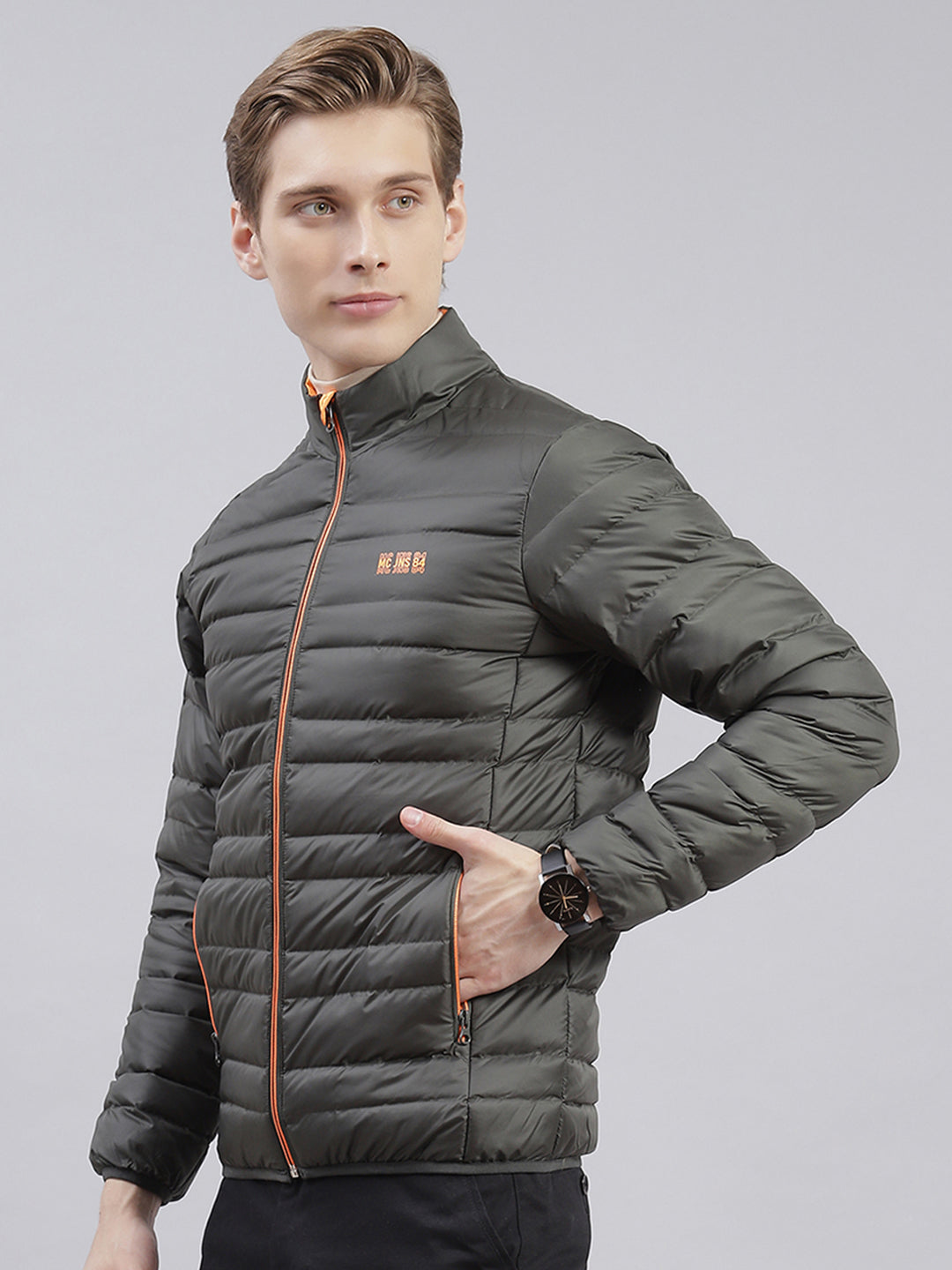 Men Olive Solid Stand Collar Full Sleeve Jackets