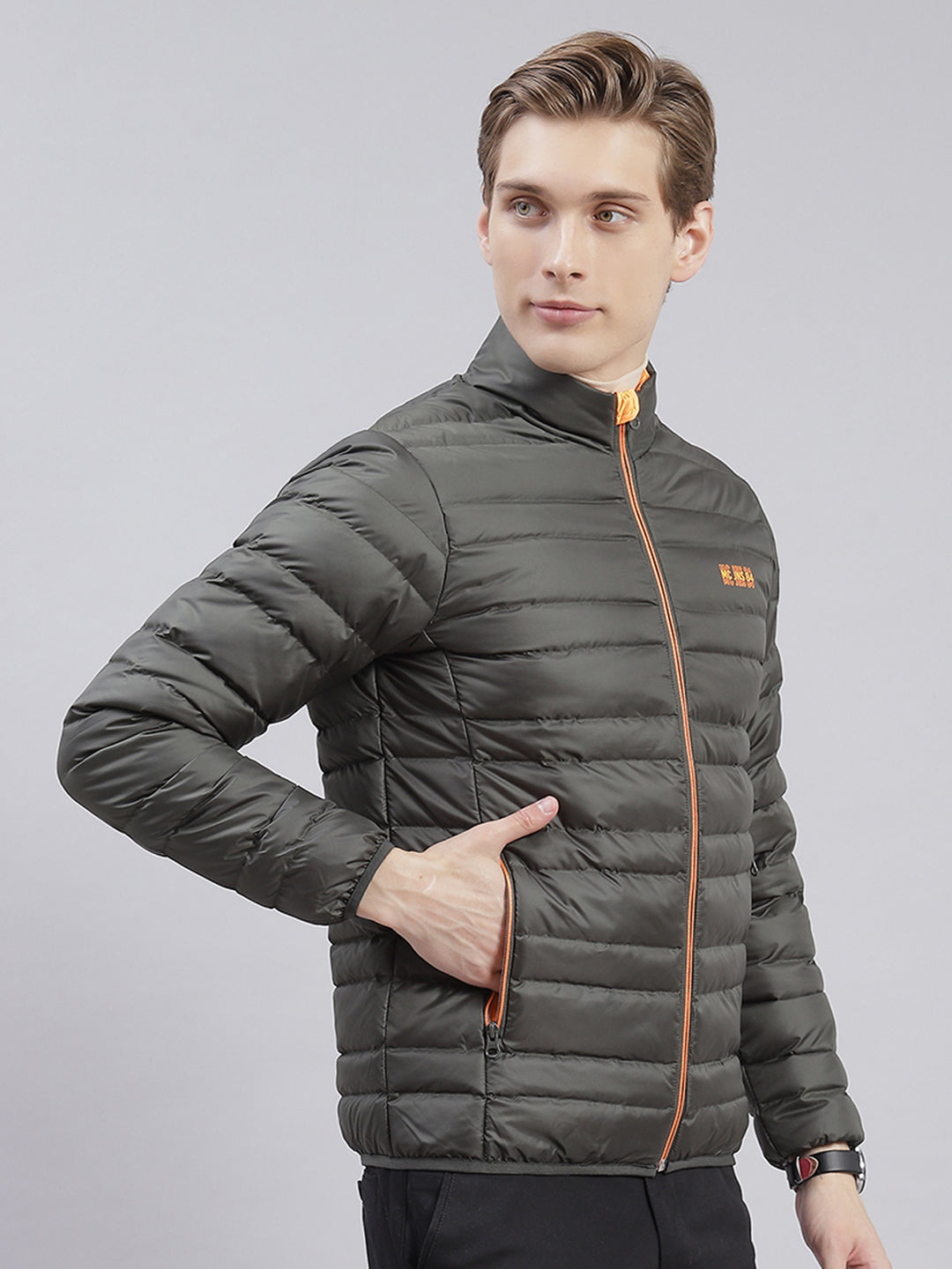 Men Olive Solid Stand Collar Full Sleeve Jackets