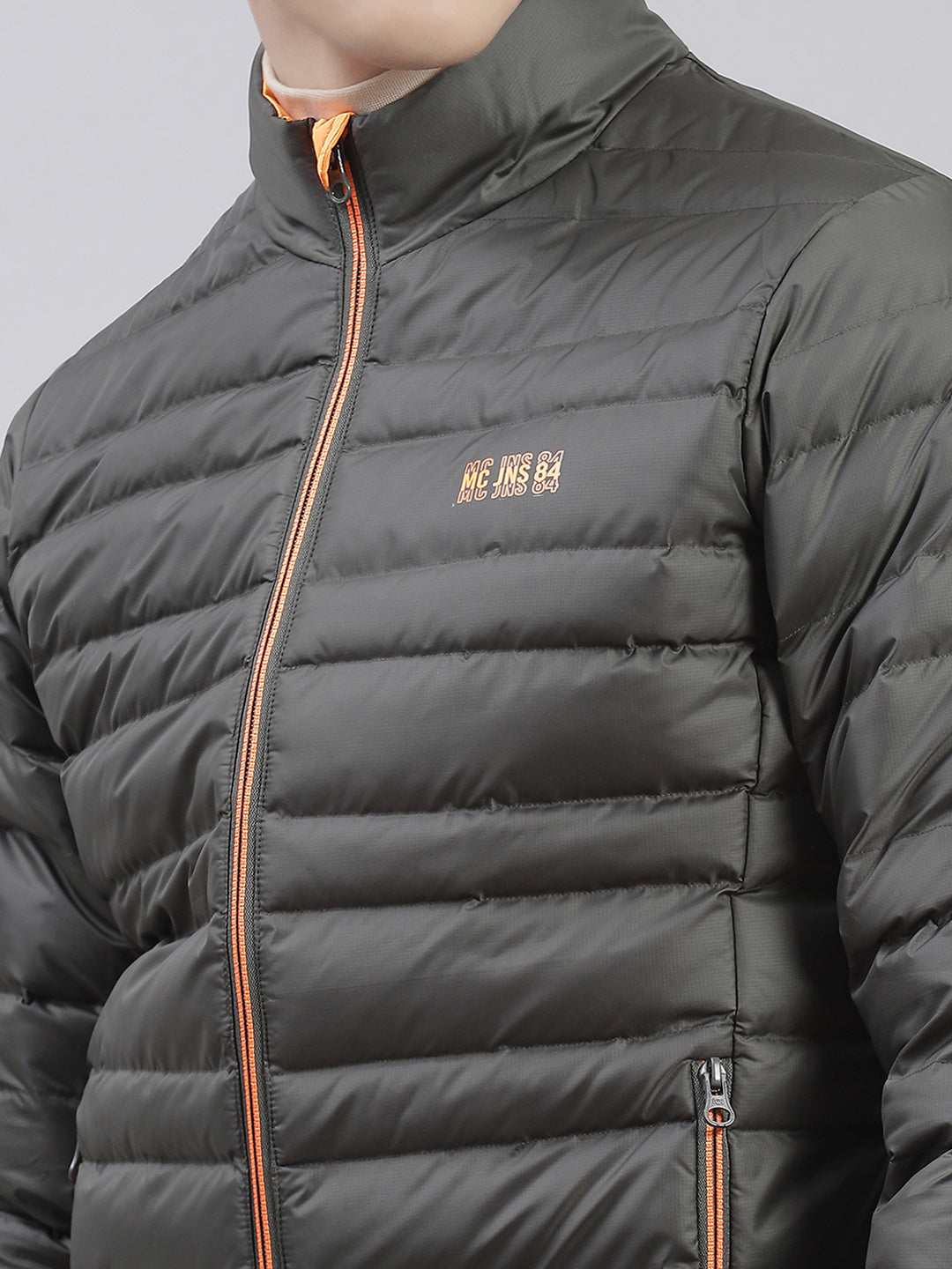 Men Olive Solid Stand Collar Full Sleeve Jackets