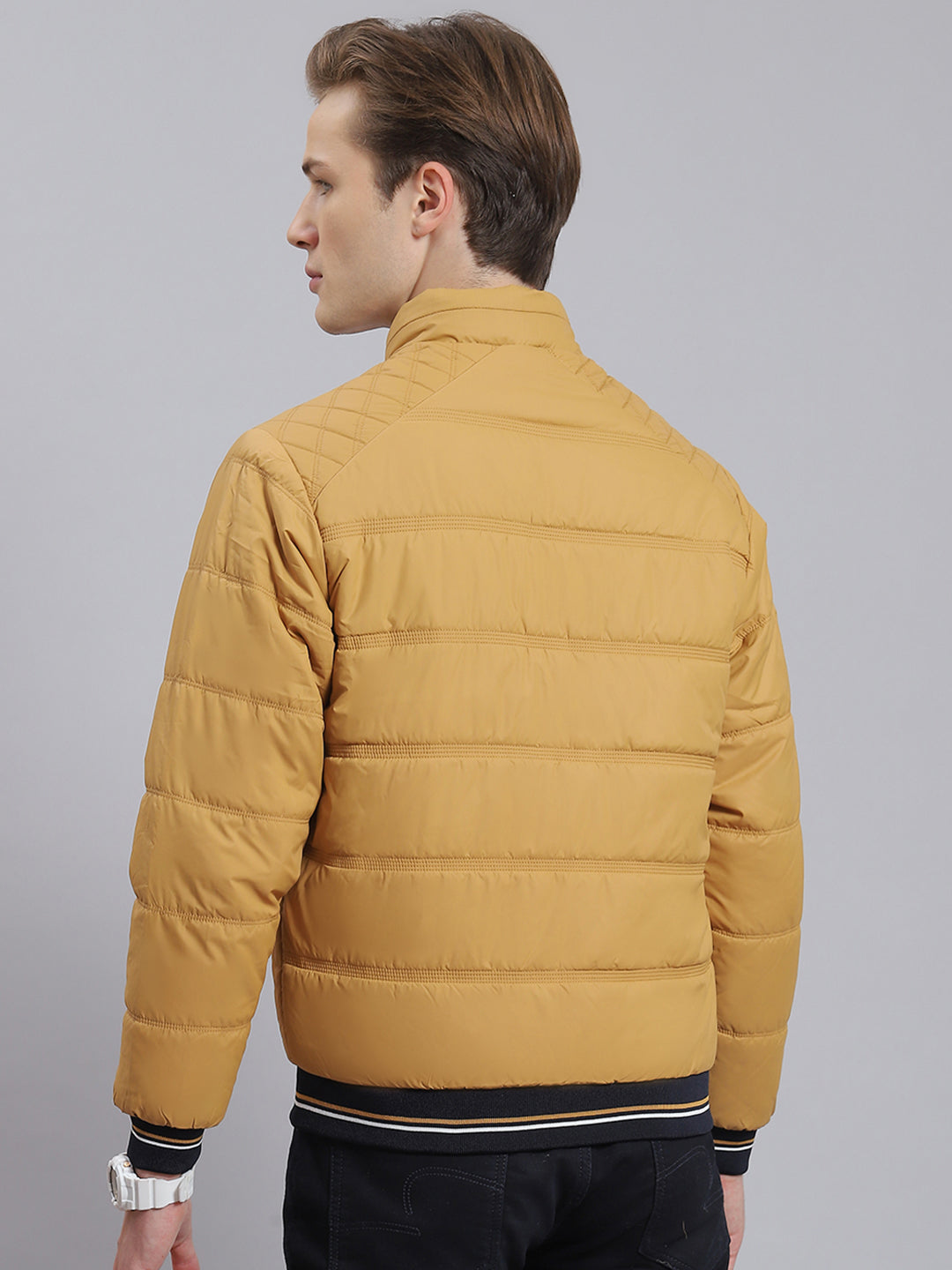 Men Brown Solid Stand Collar Full Sleeve Jacket