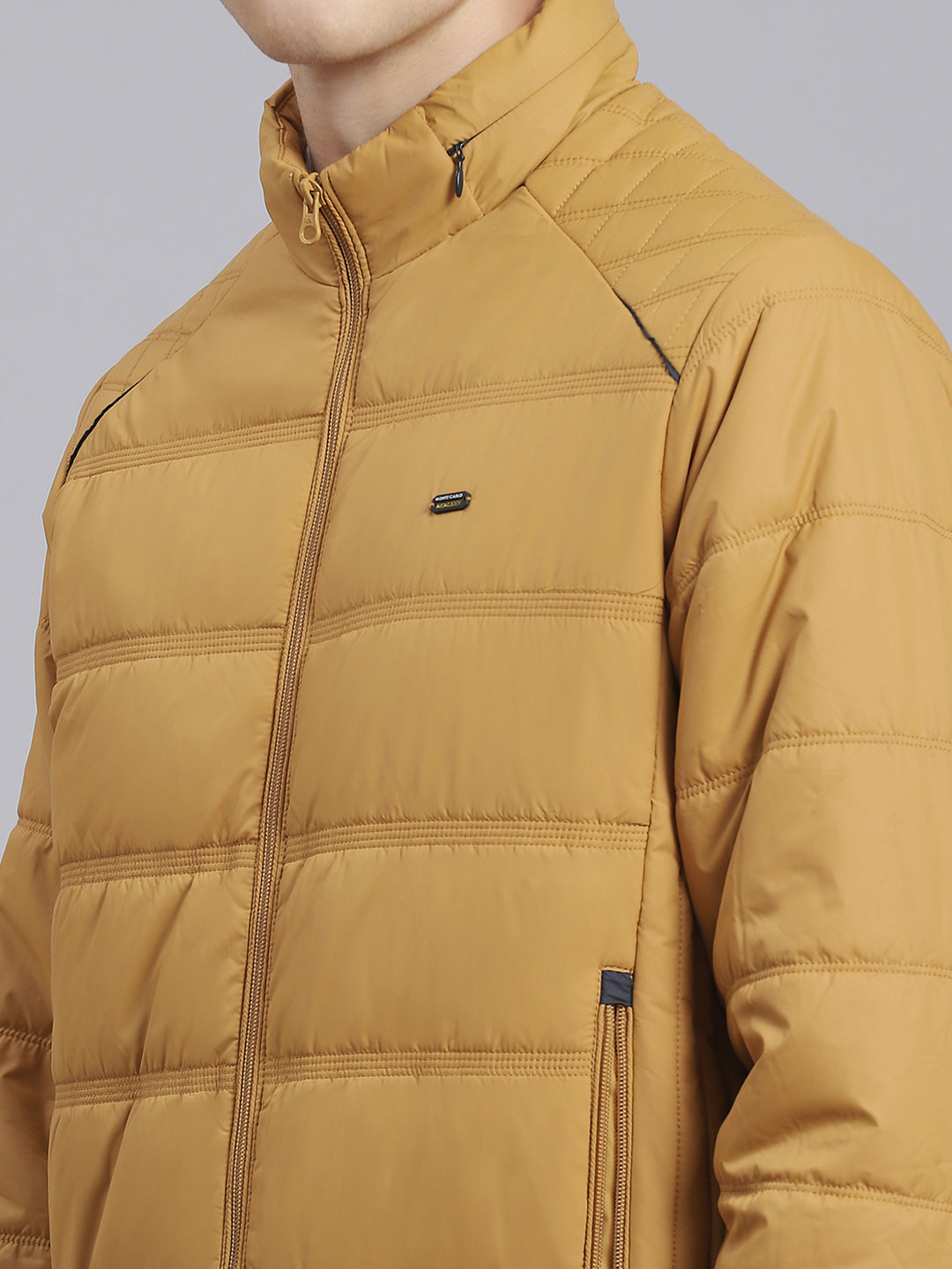 Men Brown Solid Stand Collar Full Sleeve Jacket