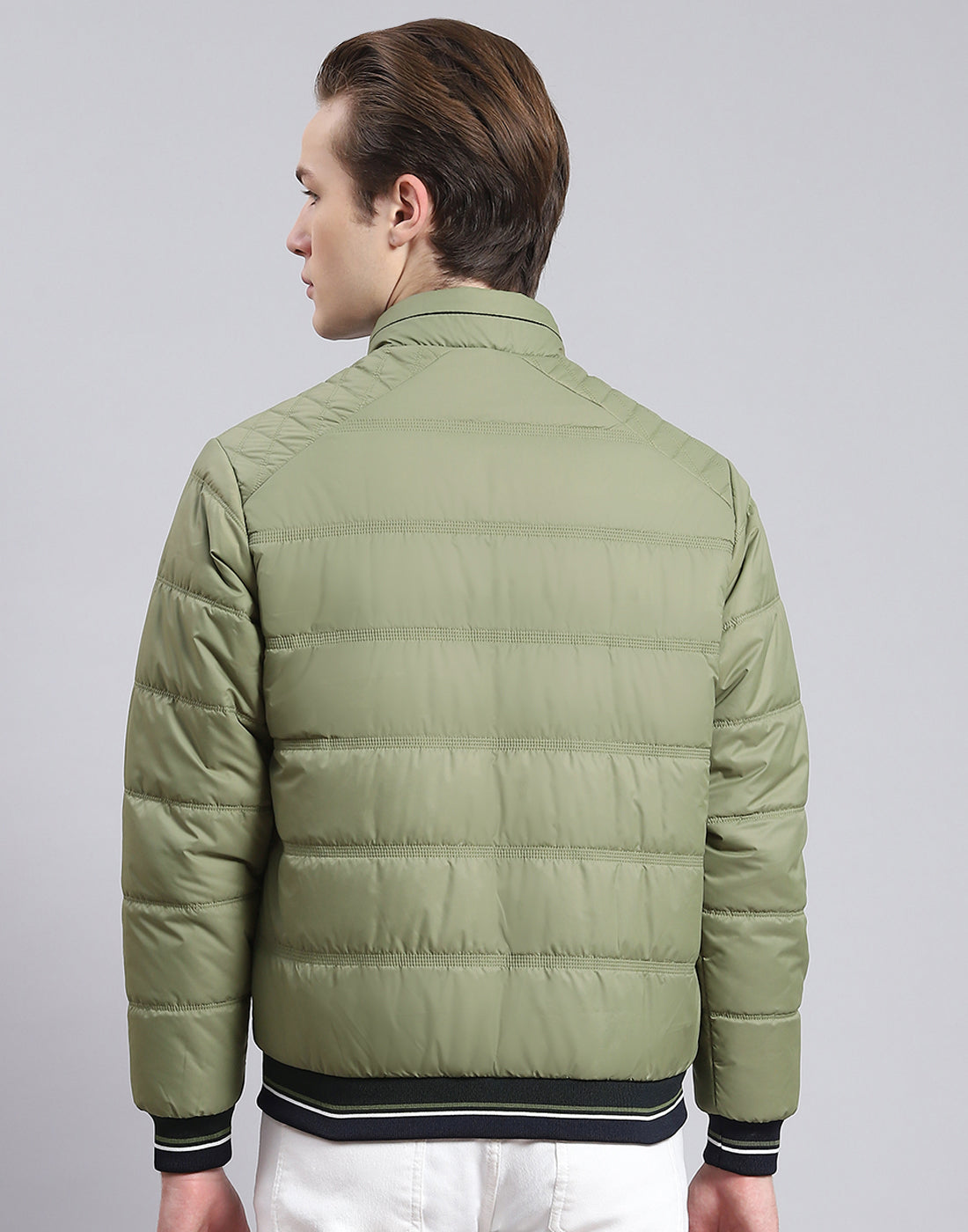 Men Green Solid Stand Collar Full Sleeve Jacket