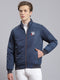 Men Navy Blue Solid Stand Collar Full Sleeve Jacket