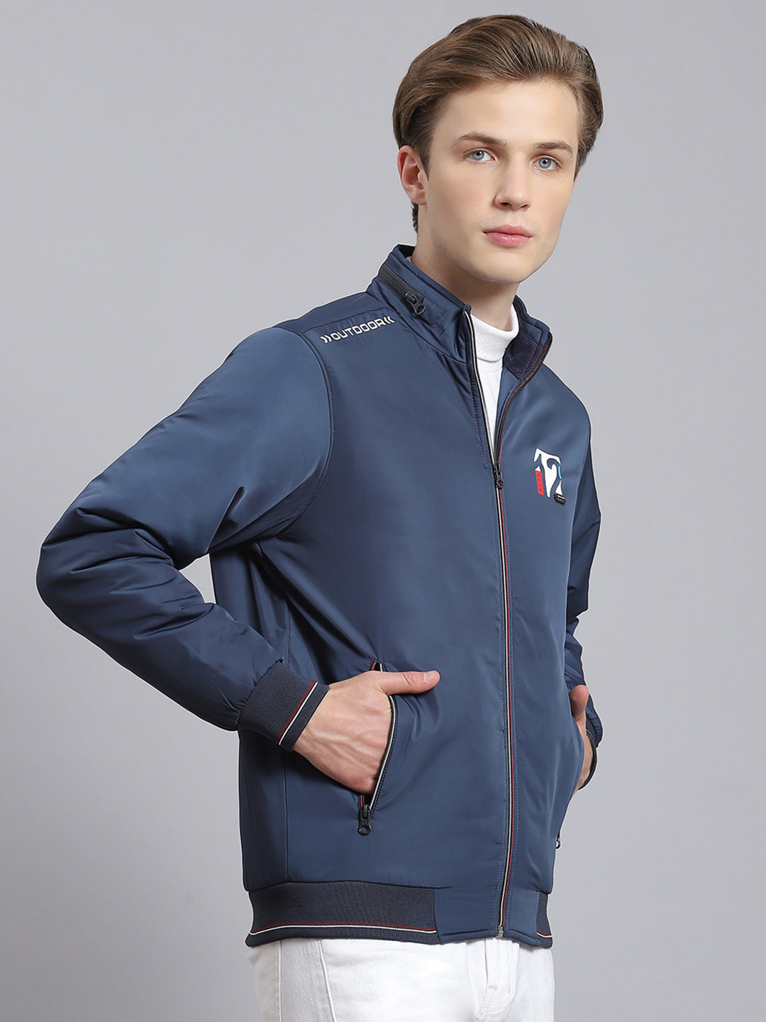 Men Navy Blue Solid Stand Collar Full Sleeve Jacket