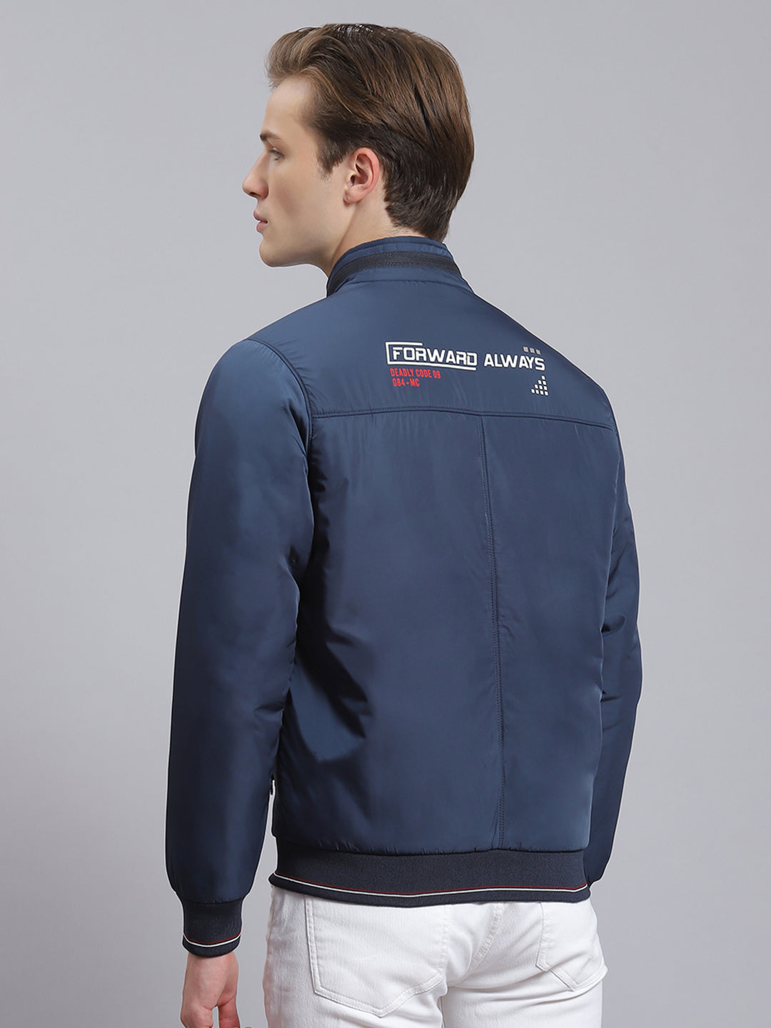 Men Navy Blue Solid Stand Collar Full Sleeve Jacket