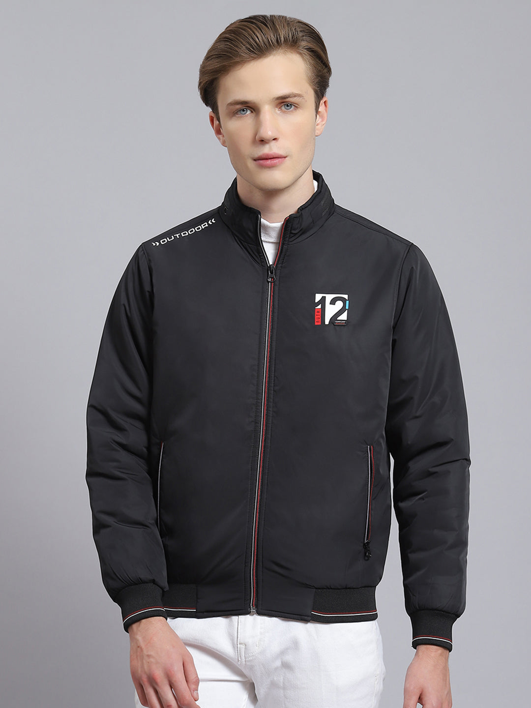 Men Black Solid Stand Collar Full Sleeve Jacket