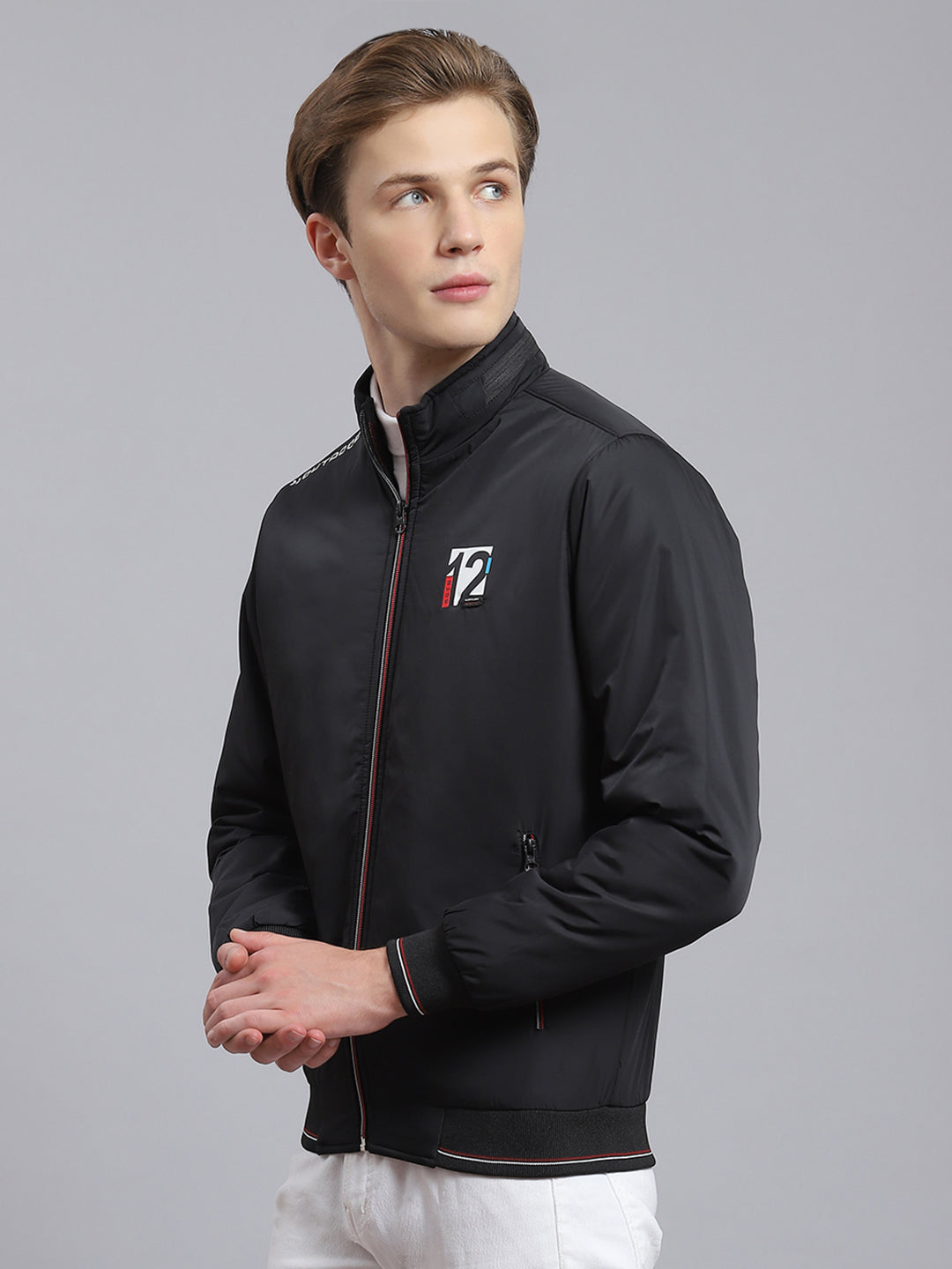 Men Black Solid Stand Collar Full Sleeve Jacket