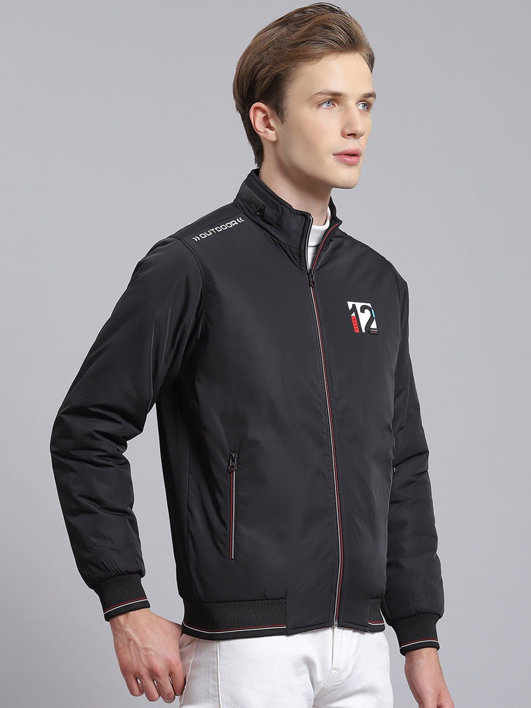 Men Black Solid Stand Collar Full Sleeve Jacket