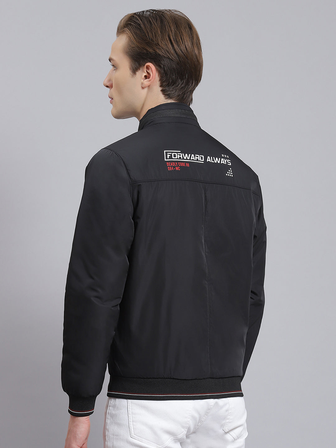 Men Black Solid Stand Collar Full Sleeve Jacket