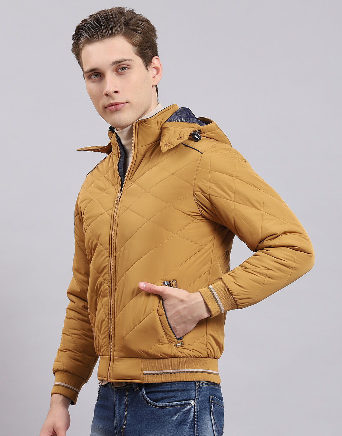Men Mustard Solid Hooded Full Sleeve Jacket