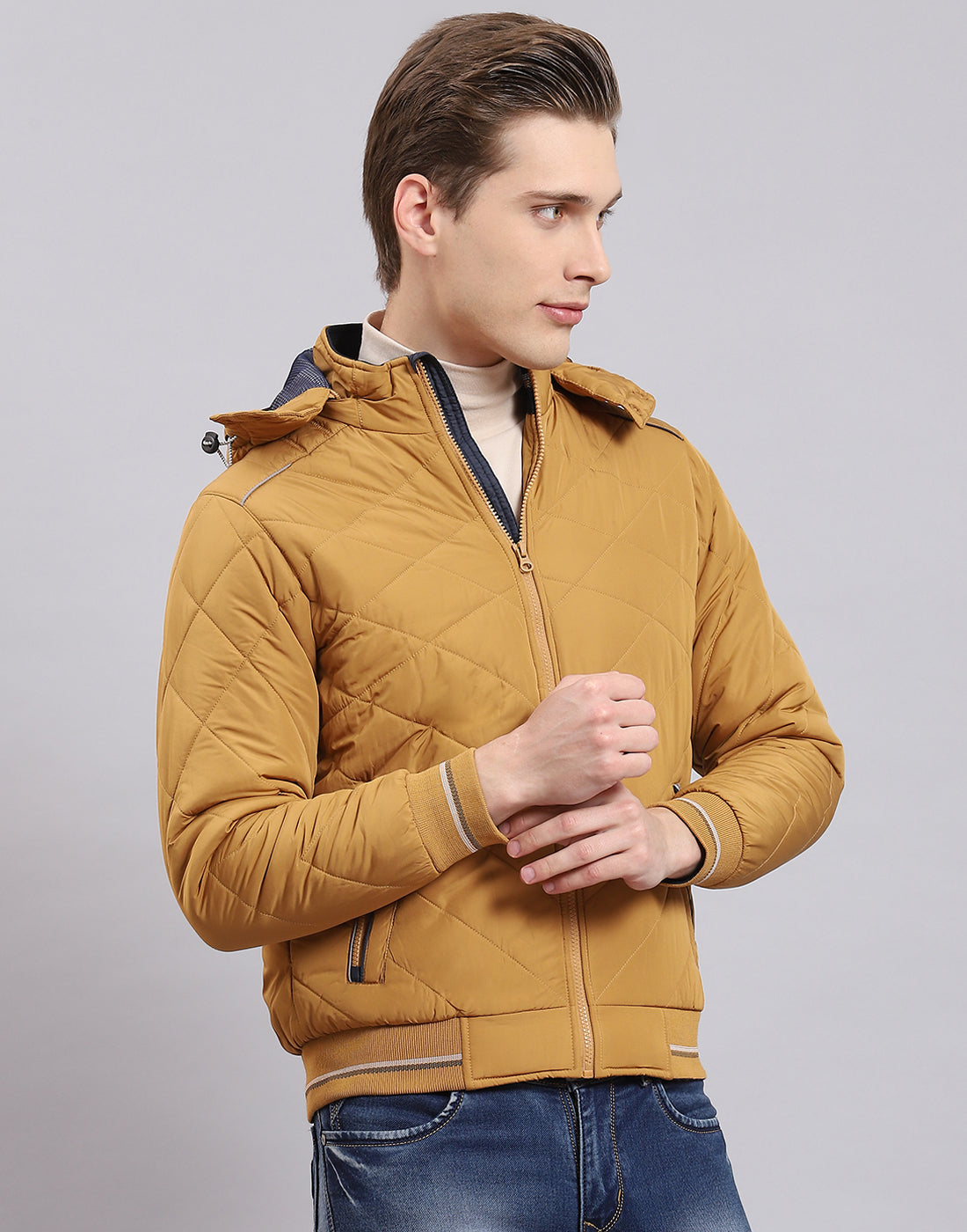 Men Mustard Solid Hooded Full Sleeve Jacket