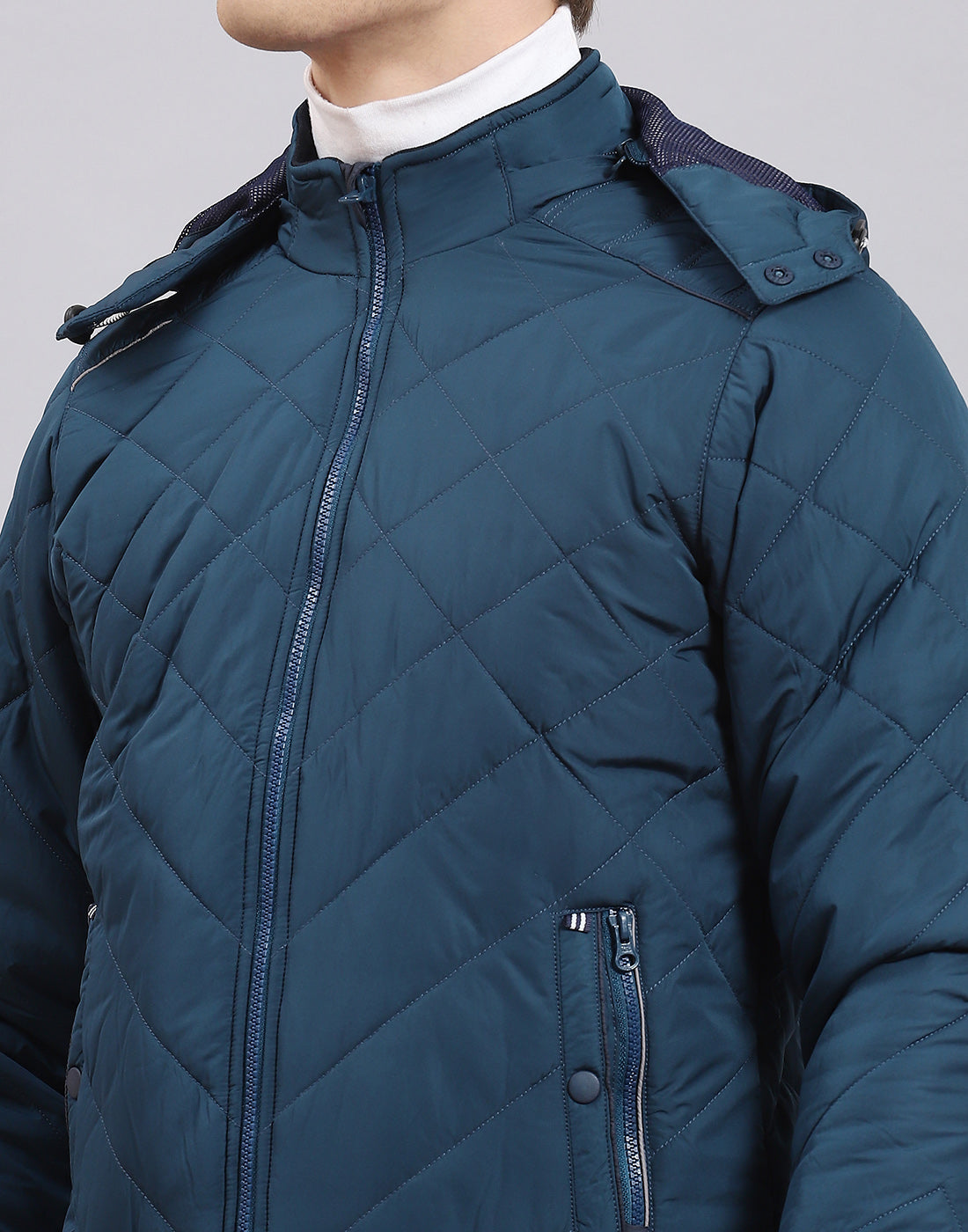 Men Teal Blue Solid Hooded Full Sleeve Jacket