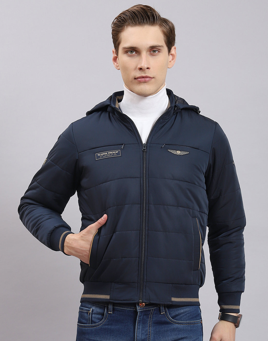 Men Navy Blue Solid Hooded Full Sleeve Jacket