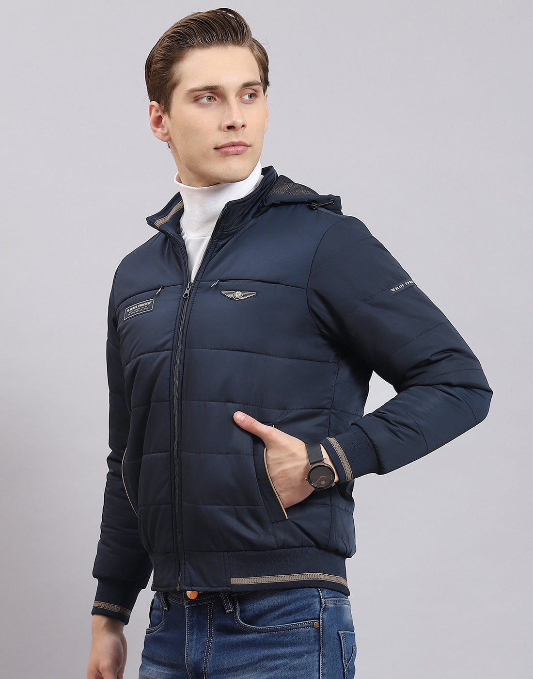 Men Navy Blue Solid Hooded Full Sleeve Jacket