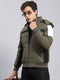 Men Olive Solid Hooded Full Sleeve Jackets