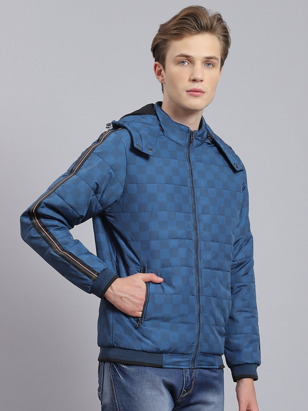 Men Blue Solid Hooded Full Sleeve Jacket