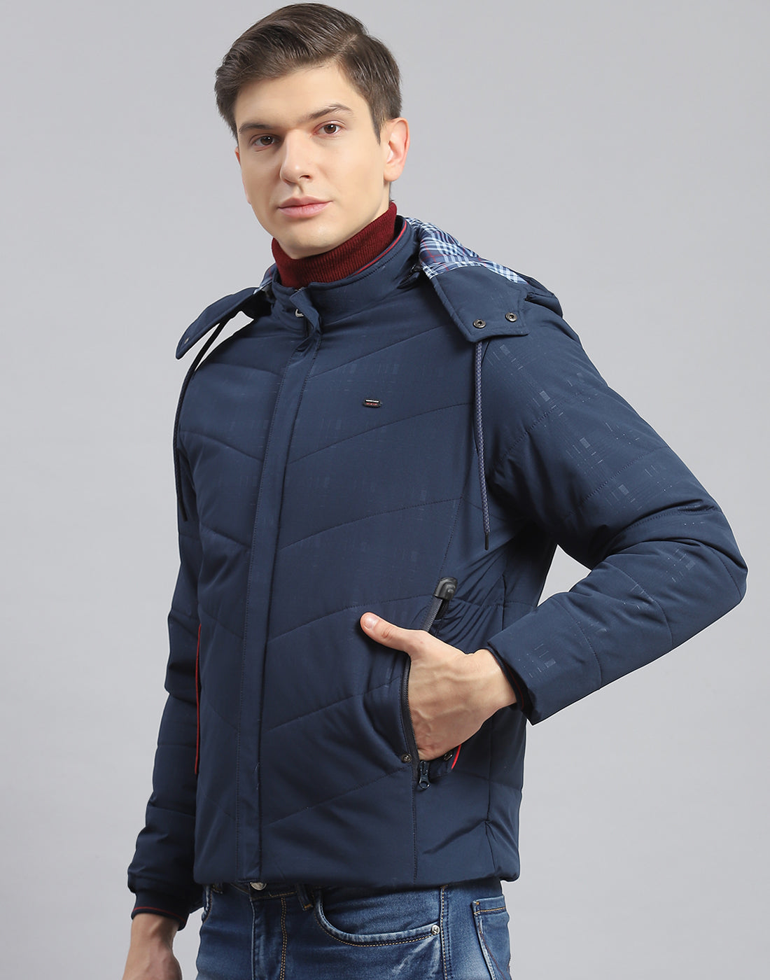Men Navy Blue Printed Hooded Full Sleeve Jacket