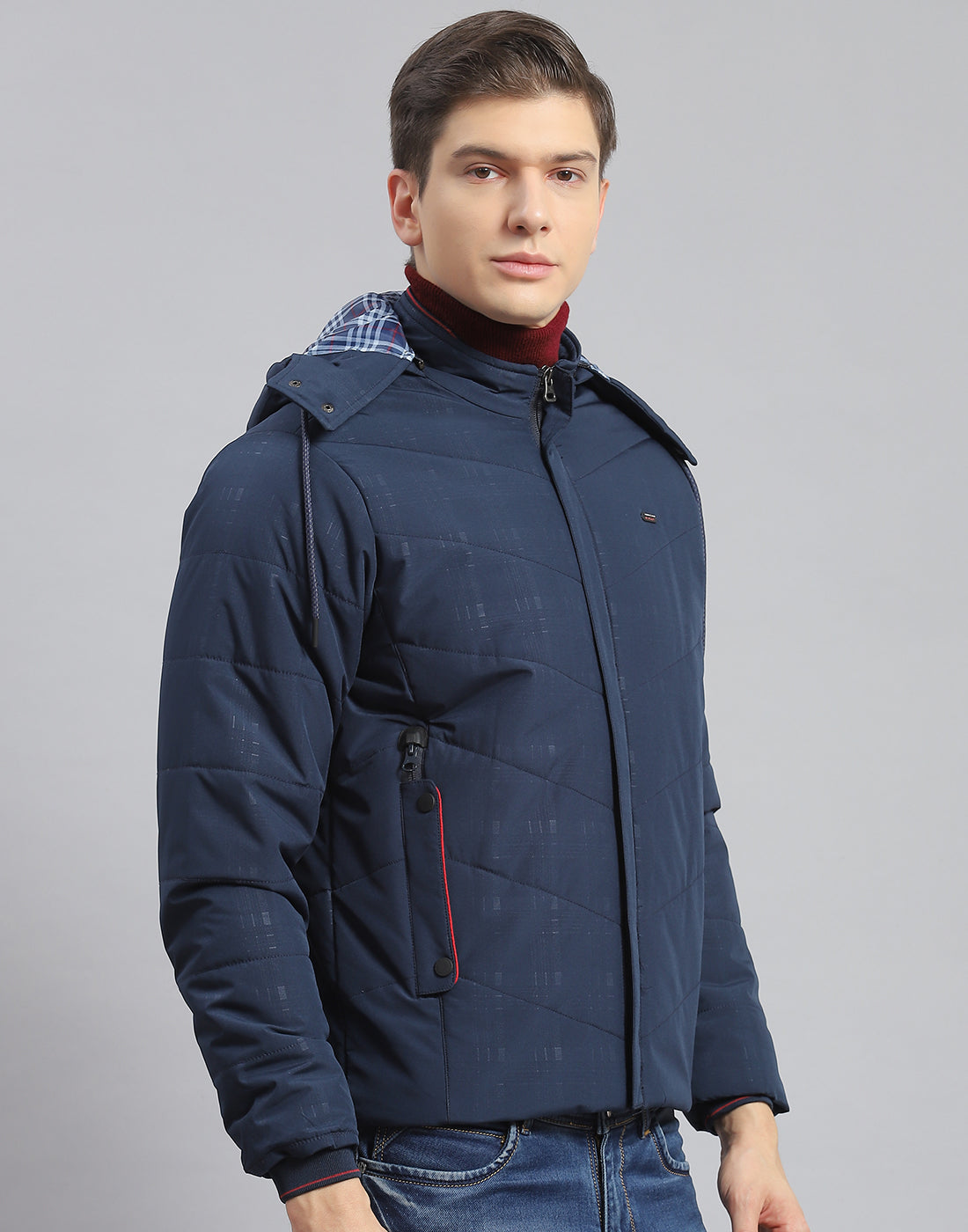 Men Navy Blue Printed Hooded Full Sleeve Jacket