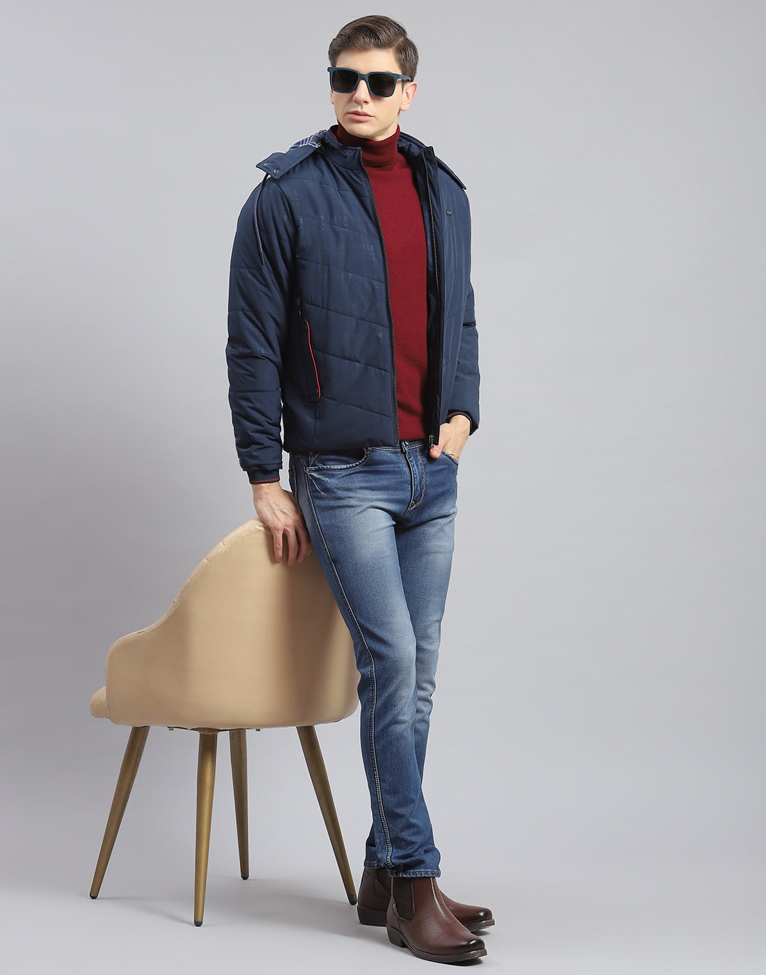 Men Navy Blue Printed Hooded Full Sleeve Jacket