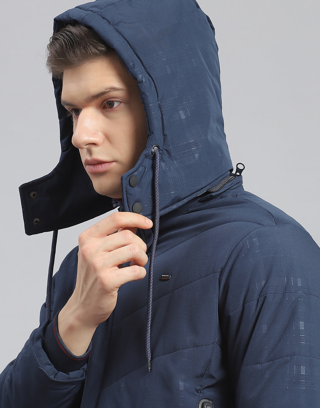 Men Navy Blue Printed Hooded Full Sleeve Jacket