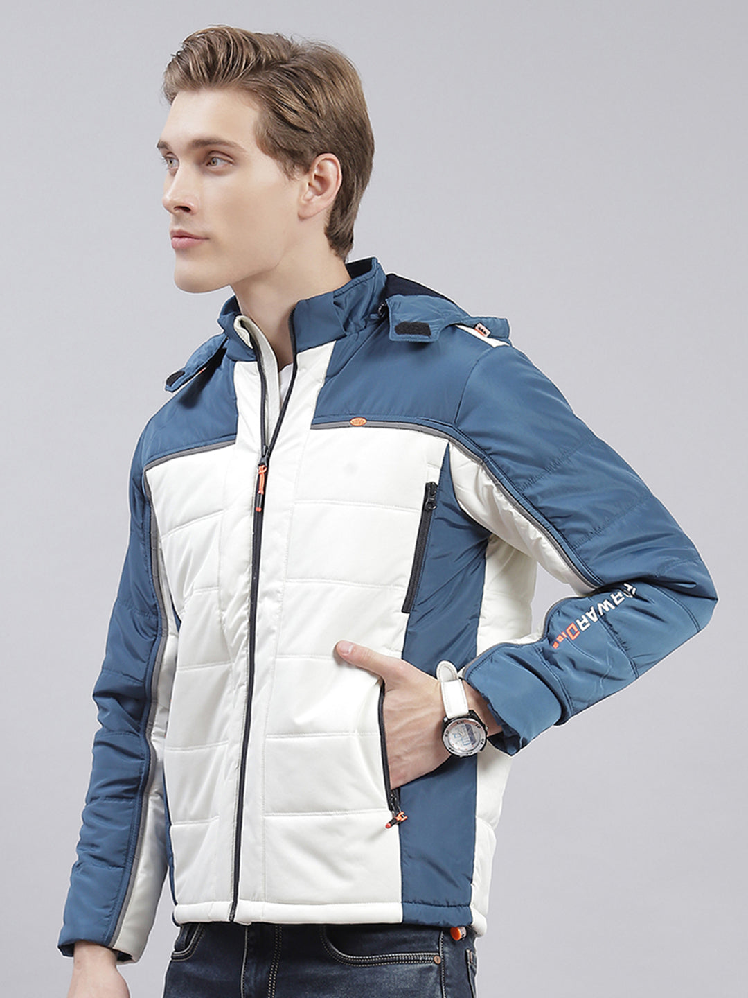 Men Blue Solid Hooded Full Sleeve Jackets