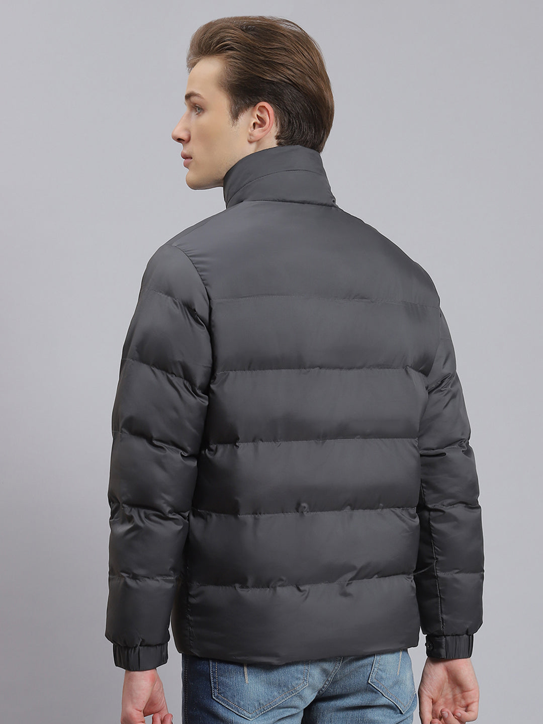 Men Grey Solid Hooded Full Sleeve Jacket