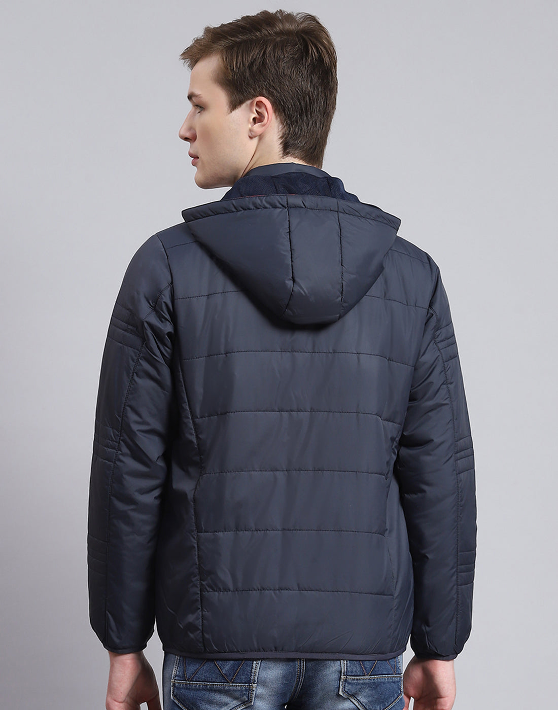 Men Navy Blue Solid Hooded Full Sleeve Jacket