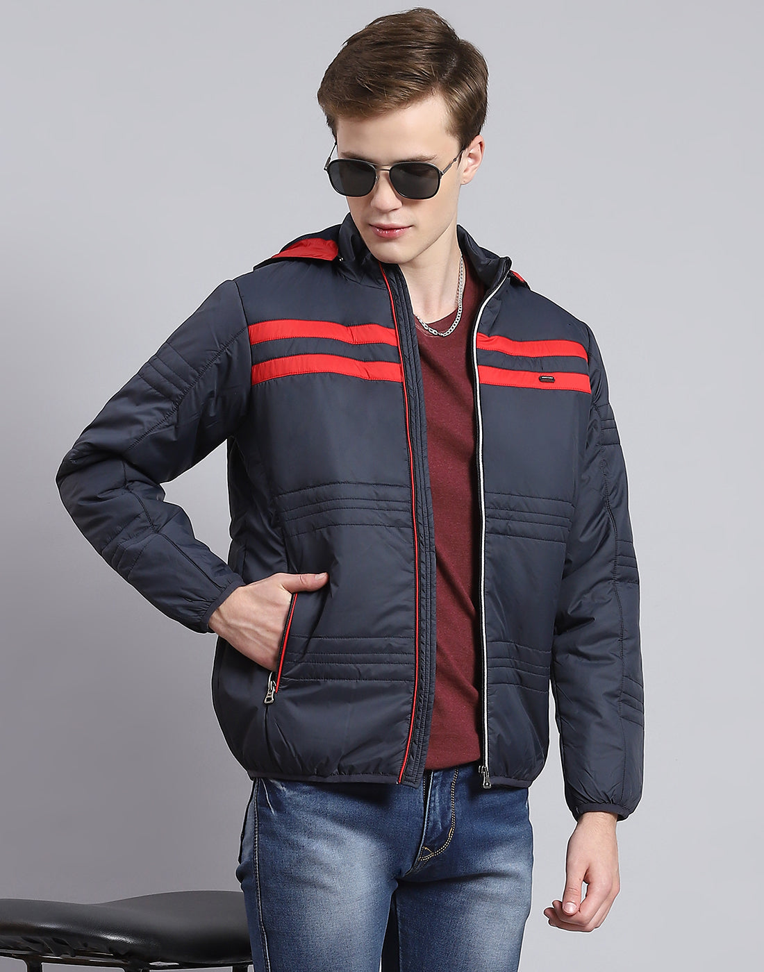 Men Navy Blue Solid Hooded Full Sleeve Jacket